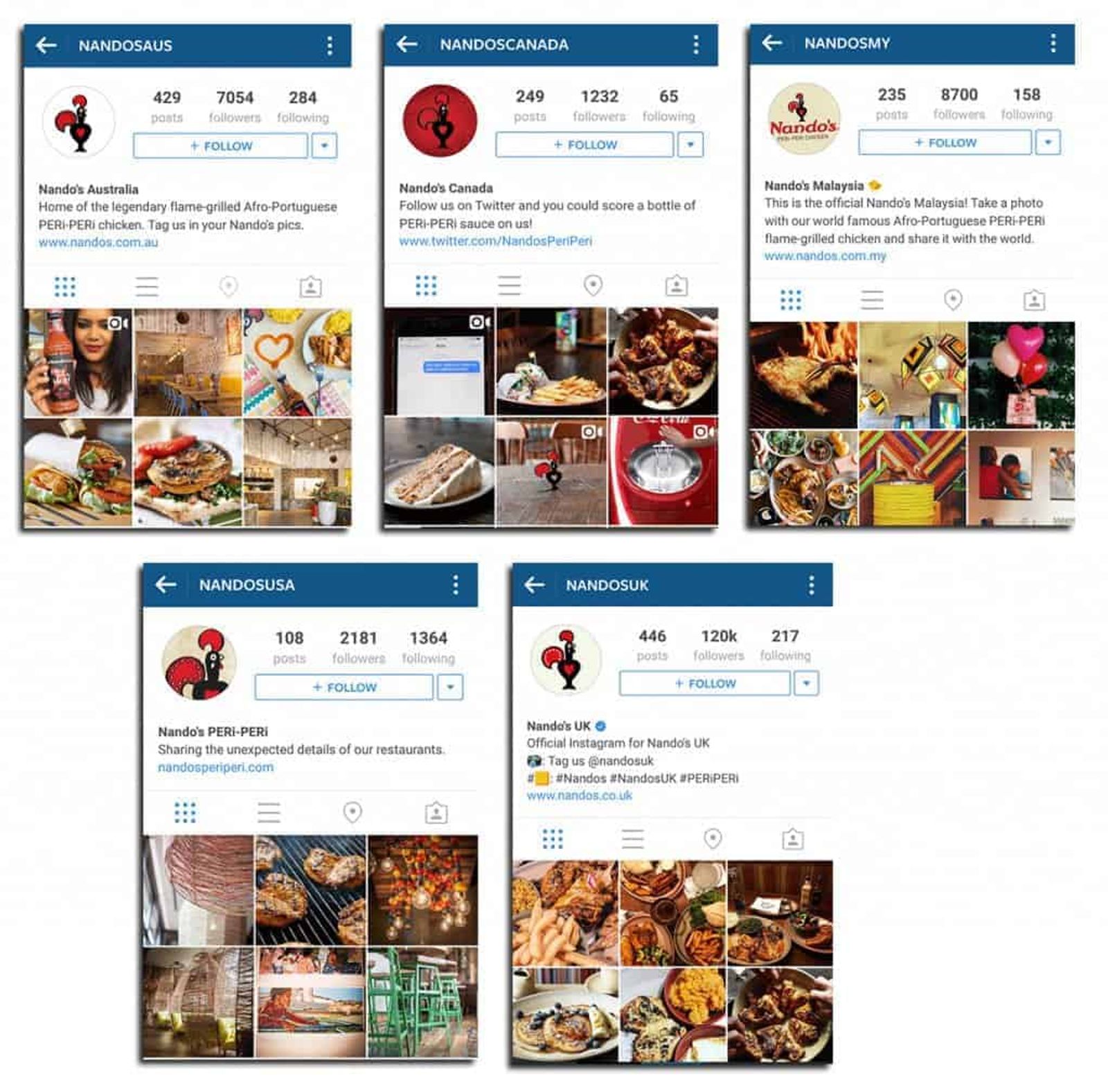 Cinco perfiles de Instagram de cuentas regionales de Nando's, con biografía y cuadrícula de fotos de comida