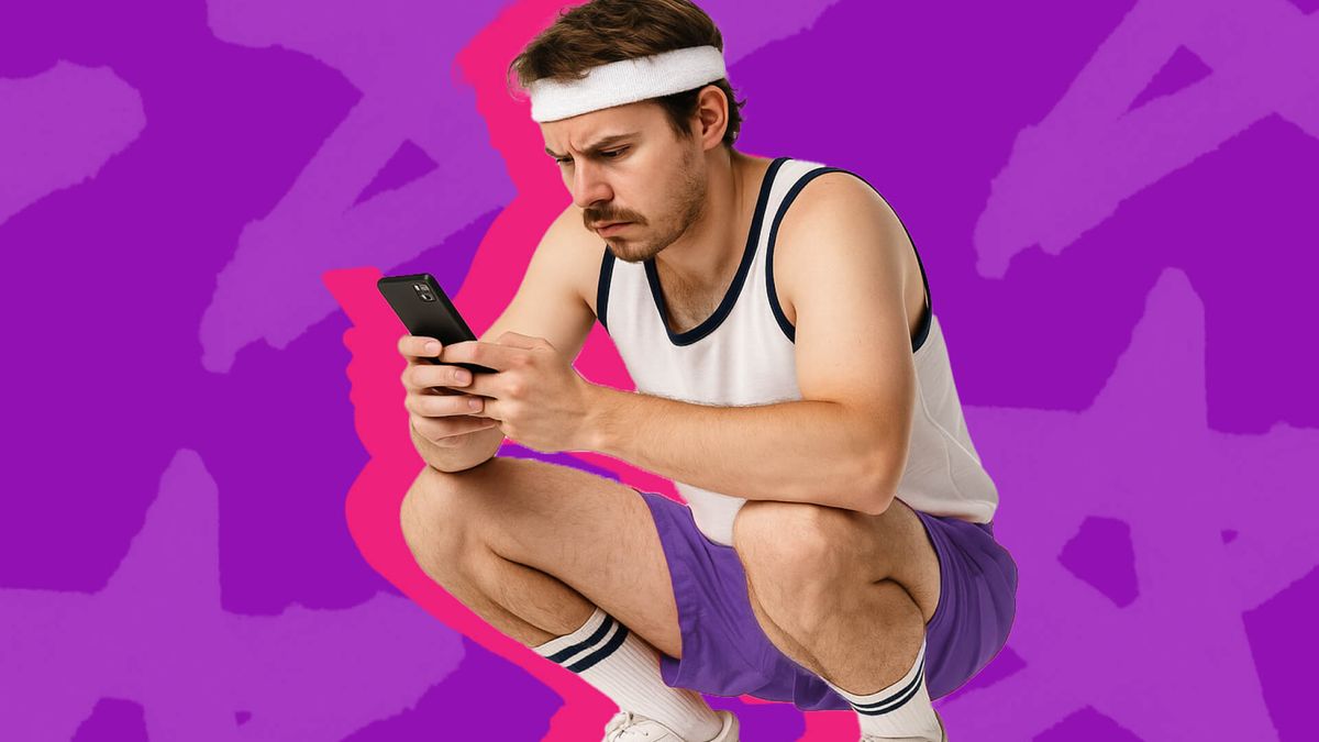 Man in white tank top, purple shorts, white headband, and white sneakers, squatting and looking at a phone. Purple background with pink and darker purple