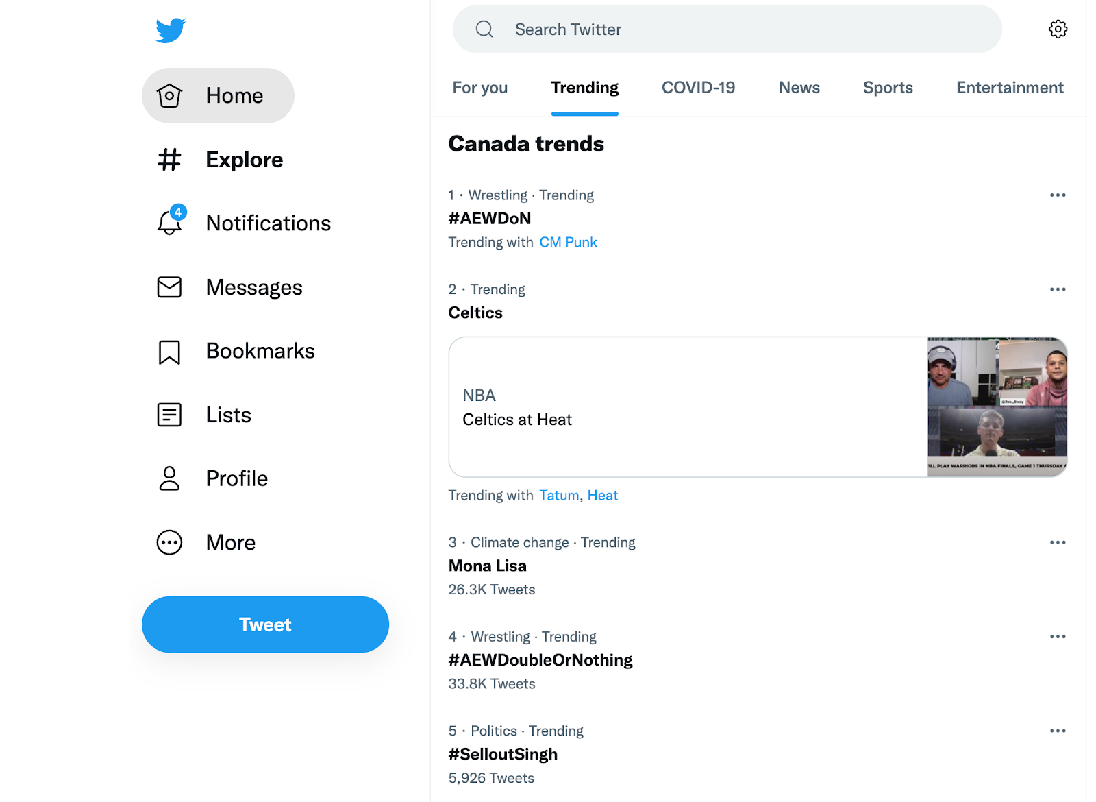 Pestaña de Tendencias de Twitter mostrando una lista de temas en tendencia en Canadá.