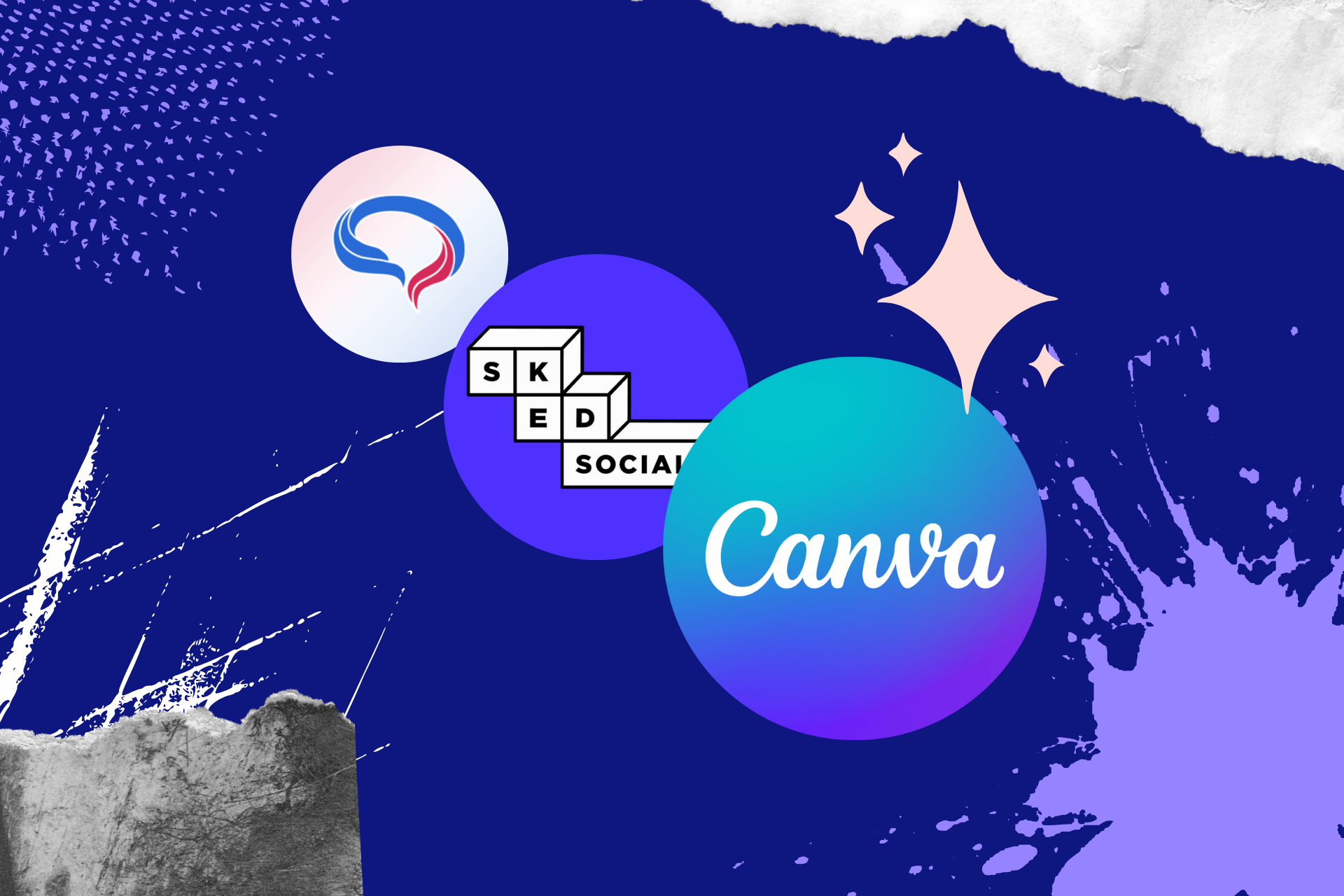 Logotipos de herramientas de redes sociales con IA, entre ellas Predis.ai, Sked Social y Canva