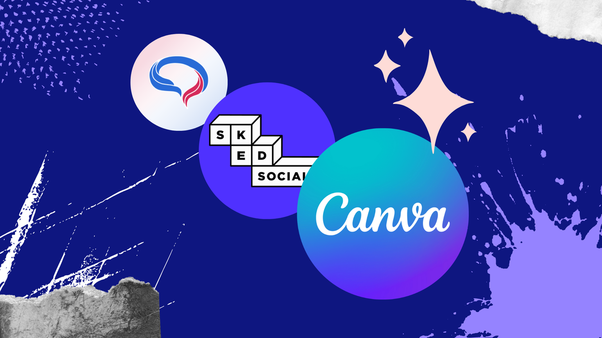 Logos of AI social media tools including Predis.ai, Sked Social, and Canva