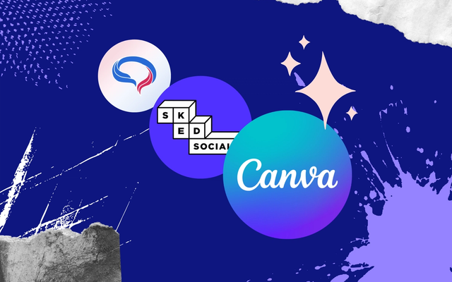 Logotipos de herramientas de redes sociales con IA, entre ellas Predis.ai, Sked Social y Canva