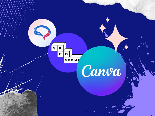 Logos of AI social media tools including Predis.ai, Sked Social, and Canva