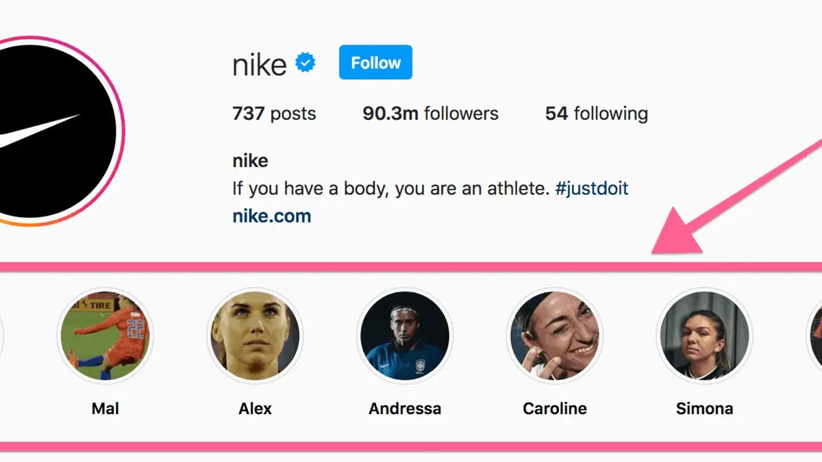 Instagram UI showing Nike profile with highlights of athletes Tiger, Mal, Alex, Andressa, Caroline, Simona, Maynor