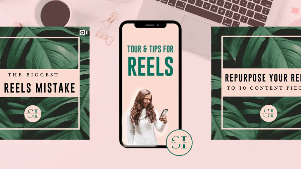 Three social media graphics on a pink desk with a laptop and coffee. Text: The Biggest IG Reels Mistake, Tour & Tips for Reels, Repurpose Your Reels to 10
