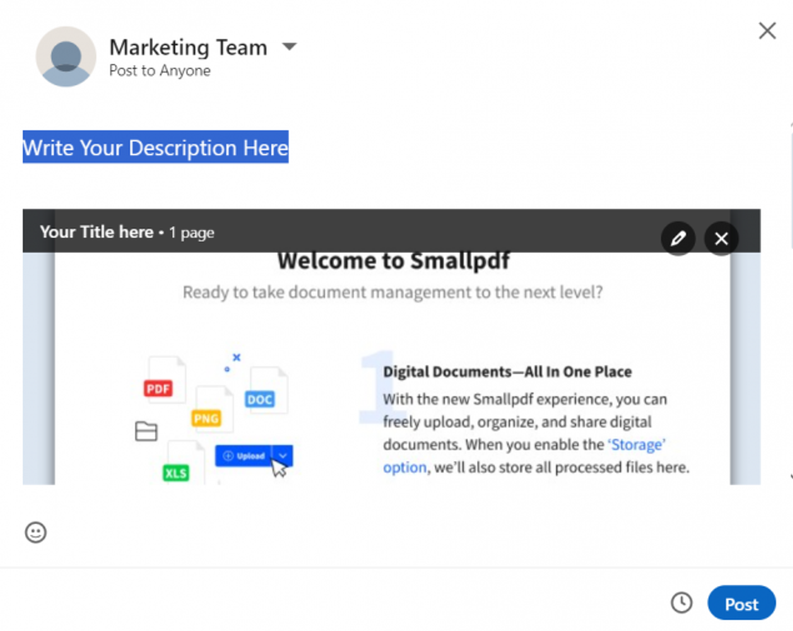 Editor de publicaciones de LinkedIn con un documento adjunto y el campo de descripción resaltado.