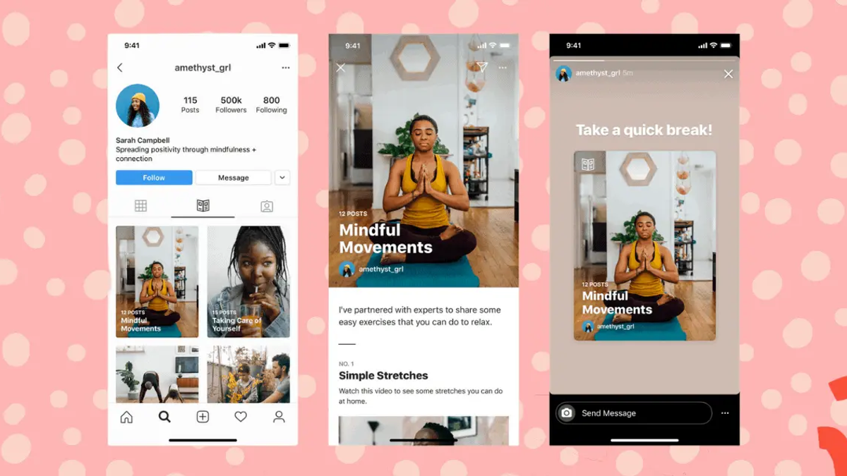 Three Instagram UI screenshots on a pink background with white polka dots and blue and red abstract shapes. The screenshots show a profile, a guide, and a