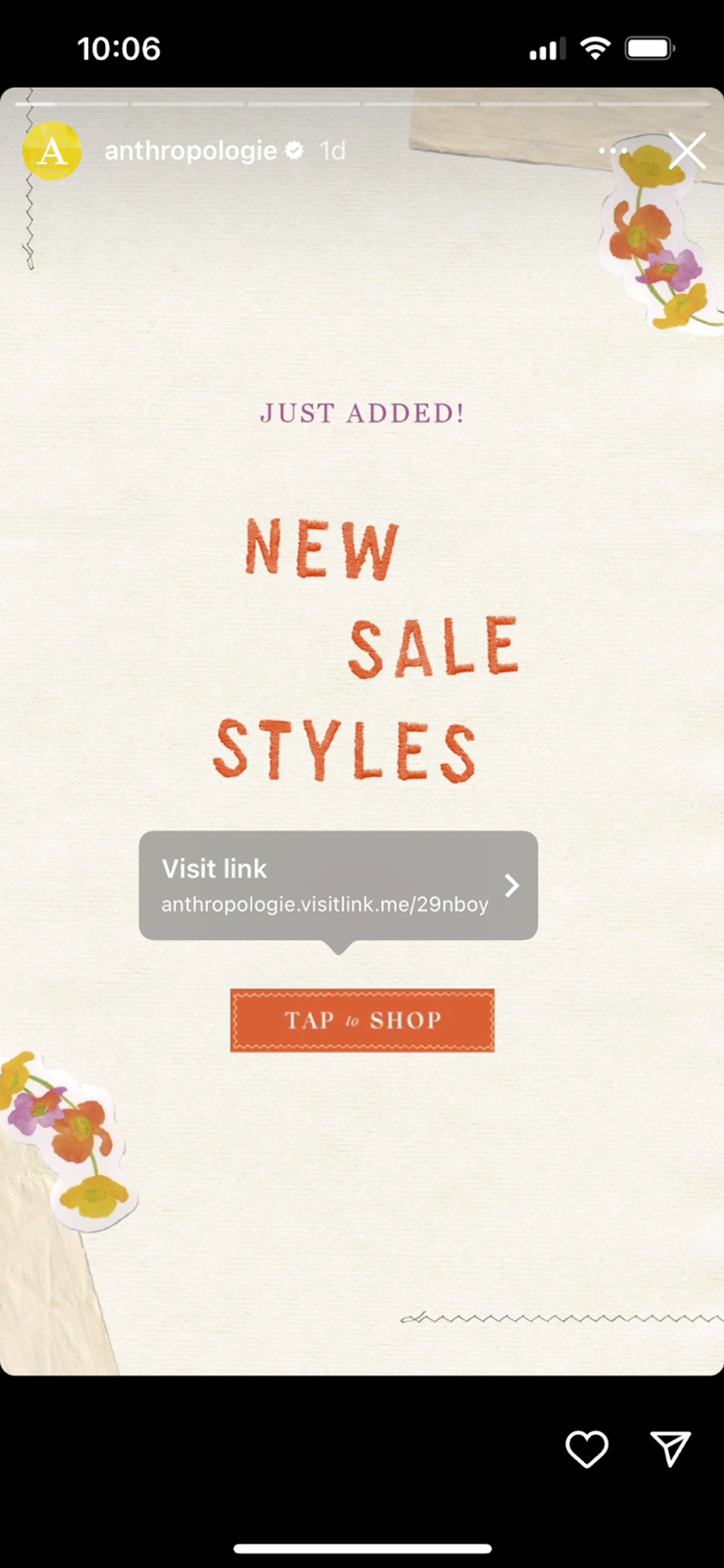 Anthropologie Instagram Story with floral graphics, "New Sale Styles" text and a Visit Link sticker.