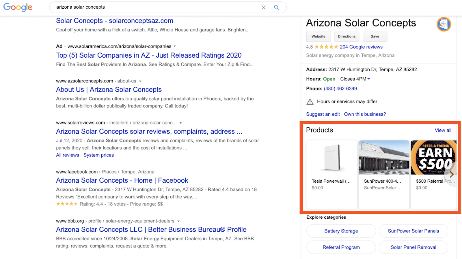Resultados de busqueda de Google con un perfil de empresa y una seccion de productos destacada con articulos solares.