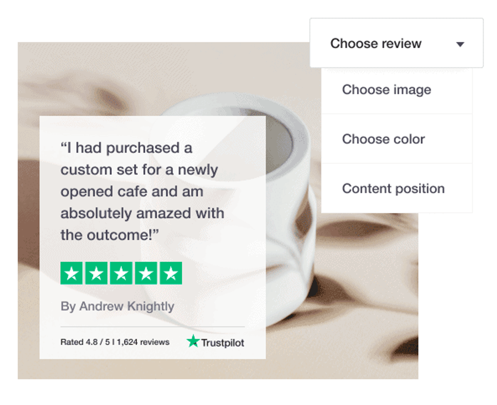 Ejemplo de revisión en Trustpilot de un cliente satisfecho presumiendo de su recién abierto café