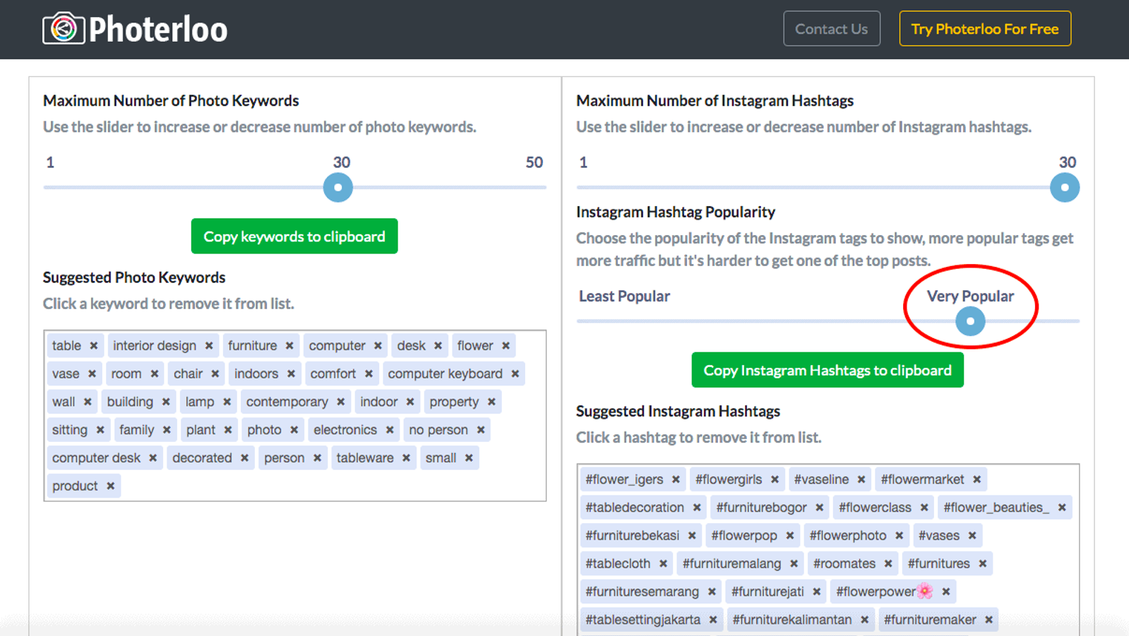 Aplicación de hashtags Photerloo