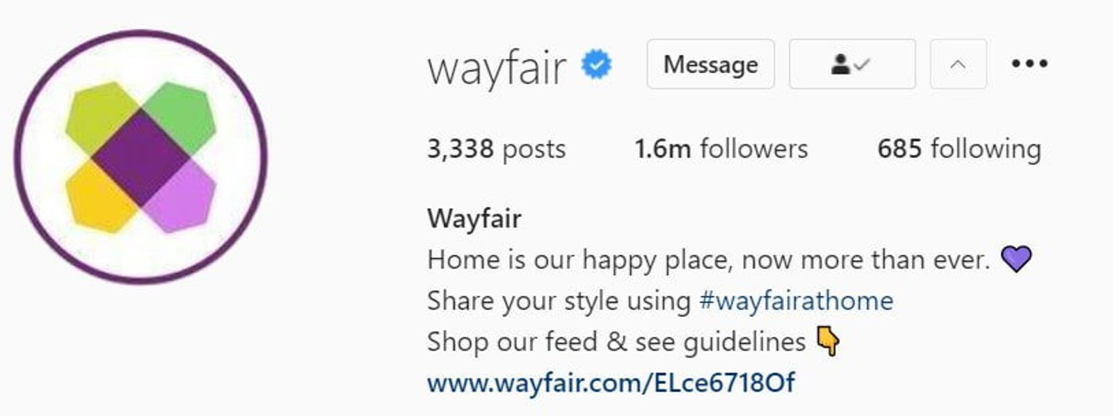 Wayfair's verified Instagram profile, showing bio text and a link-in-bio URL.