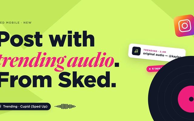 Green graphic reading 'Post with trending audio. From Sked' beside a vinyl record and Instagram icon