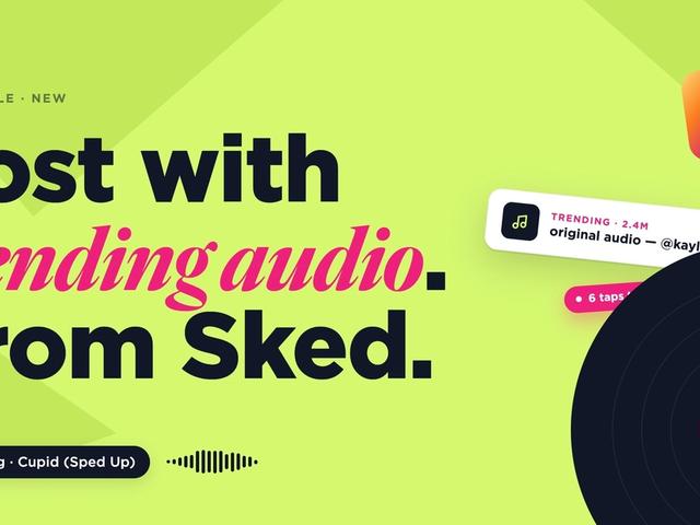 Green graphic reading 'Post with trending audio. From Sked' beside a vinyl record and Instagram icon