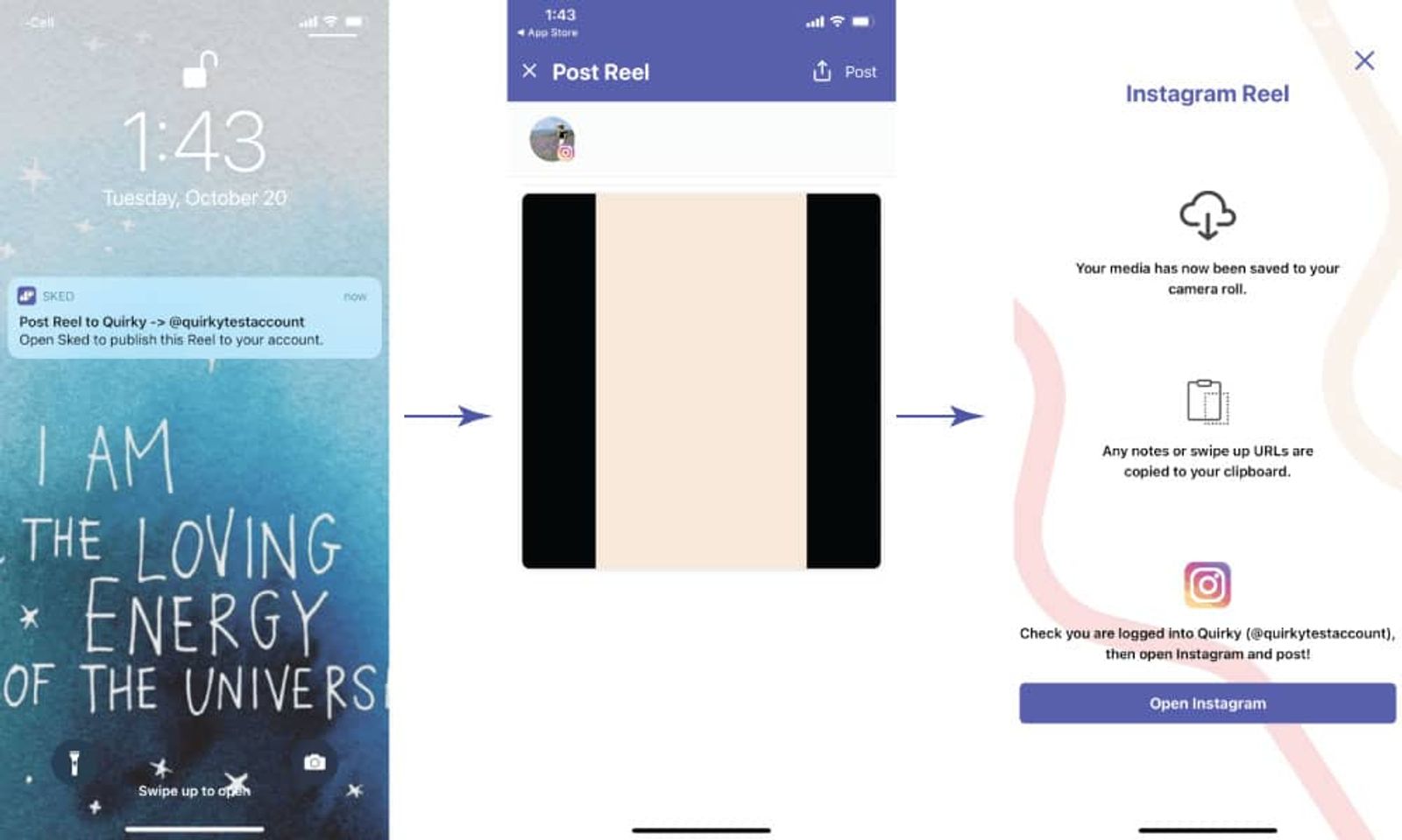 Pasos en la app de Sked Social para publicar un Reel manualmente, desde la notificacion hasta la pantalla de Instagram.