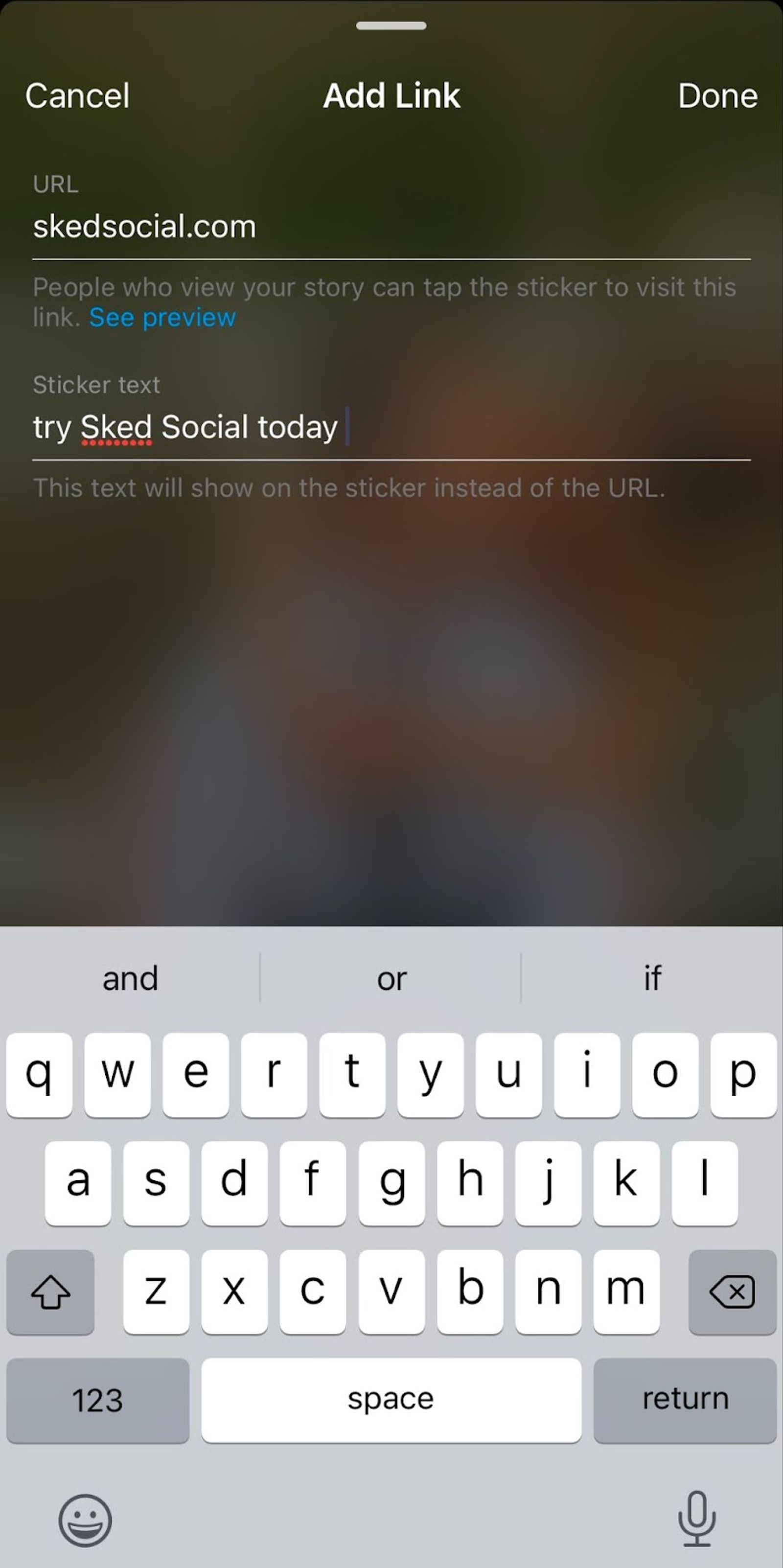 Instagram story Add Link screen with URL field and sticker text entered as custom label