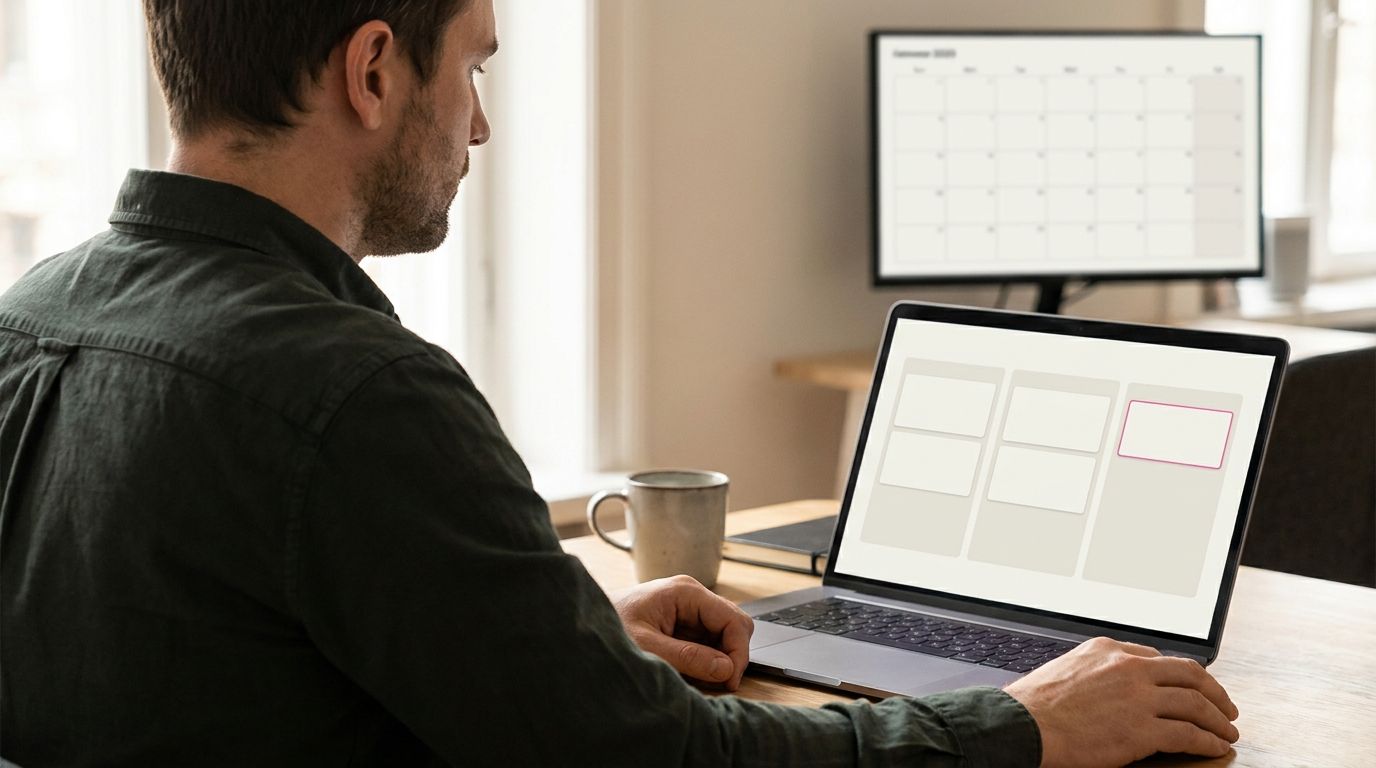 Agency team lead comparing social media tools on a laptop, with a client approval board and a content calendar on screen