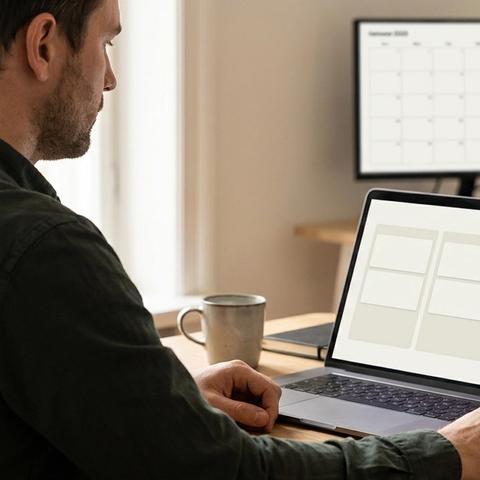 Agency team lead comparing social media tools on a laptop, with a client approval board and a content calendar on screen