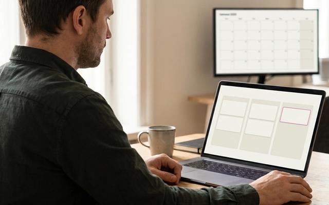 Agency team lead comparing social media tools on a laptop, with a client approval board and a content calendar on screen