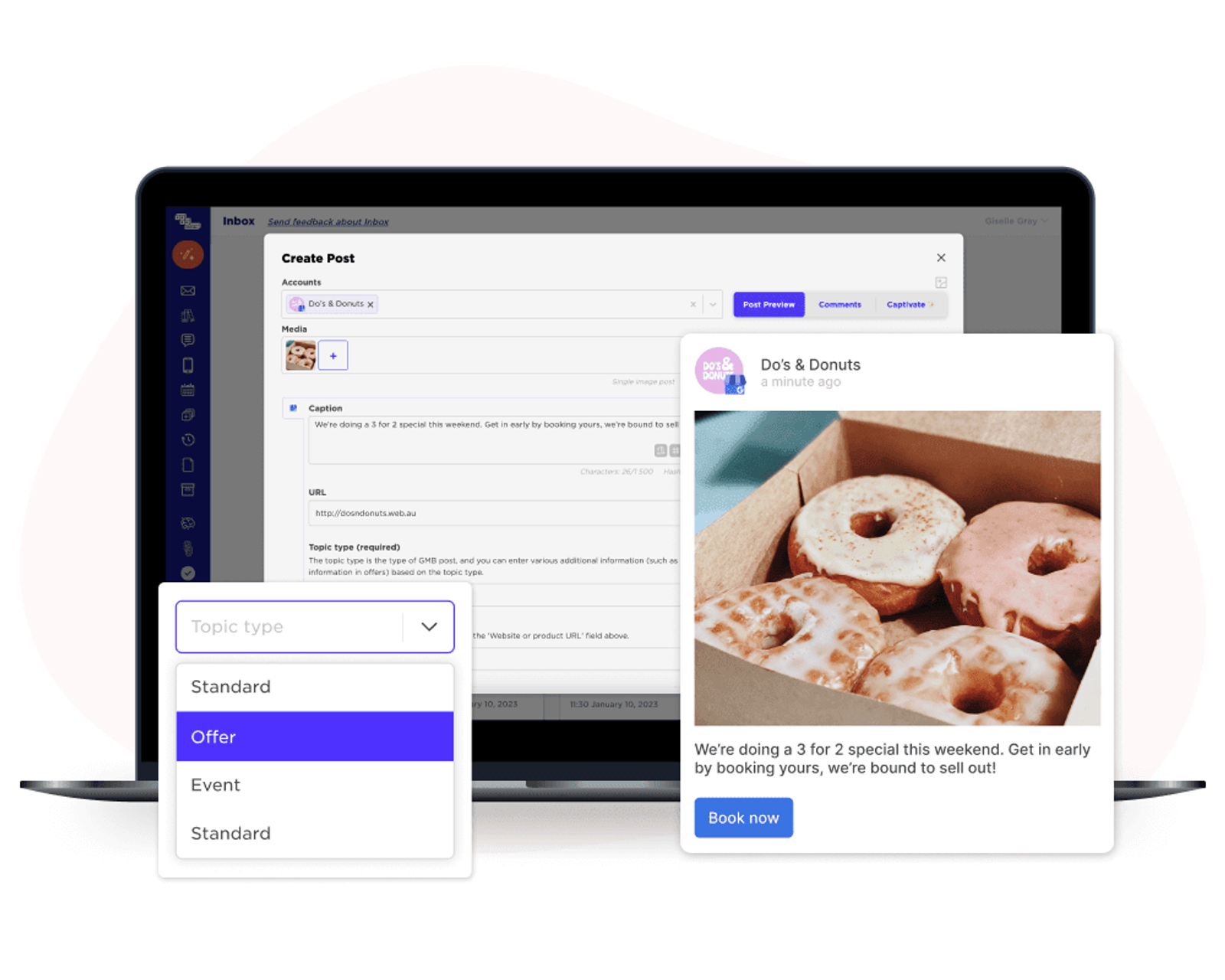 Sked Social post creator with topic type menu, next to a donut post preview with a Book now button.