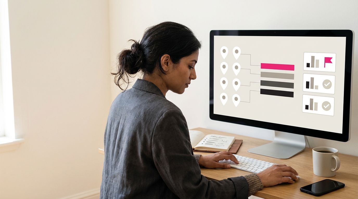 Social media manager at a head-office desk comparing store locations on a dashboard with map pins, a league table and scorecards