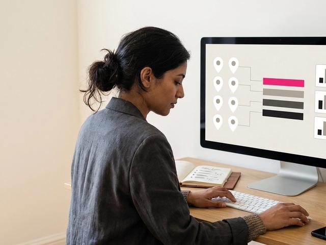 Social media manager at a head-office desk comparing store locations on a dashboard with map pins, a league table and scorecards
