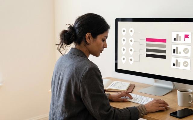 Social media manager at a head-office desk comparing store locations on a dashboard with map pins, a league table and scorecards