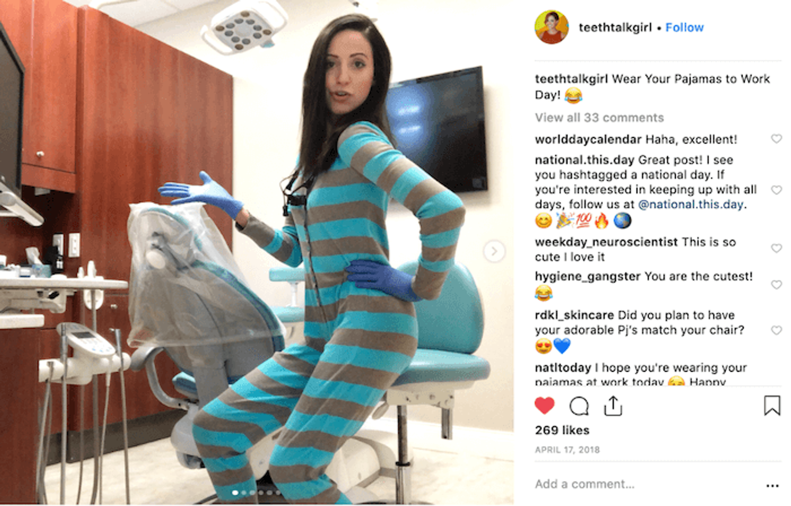 Publicación de Instagram de teethtalkgirl con una mujer en pijama a rayas posando en un sillón dental