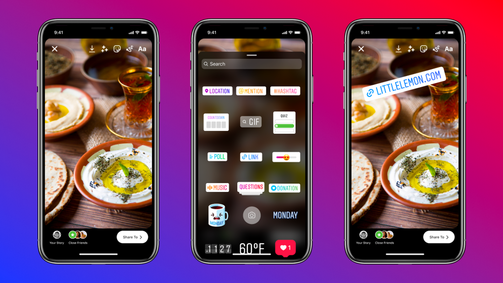 Three phone screens showing Instagram Stories editor, sticker menu, and a link sticker added to a food photo.