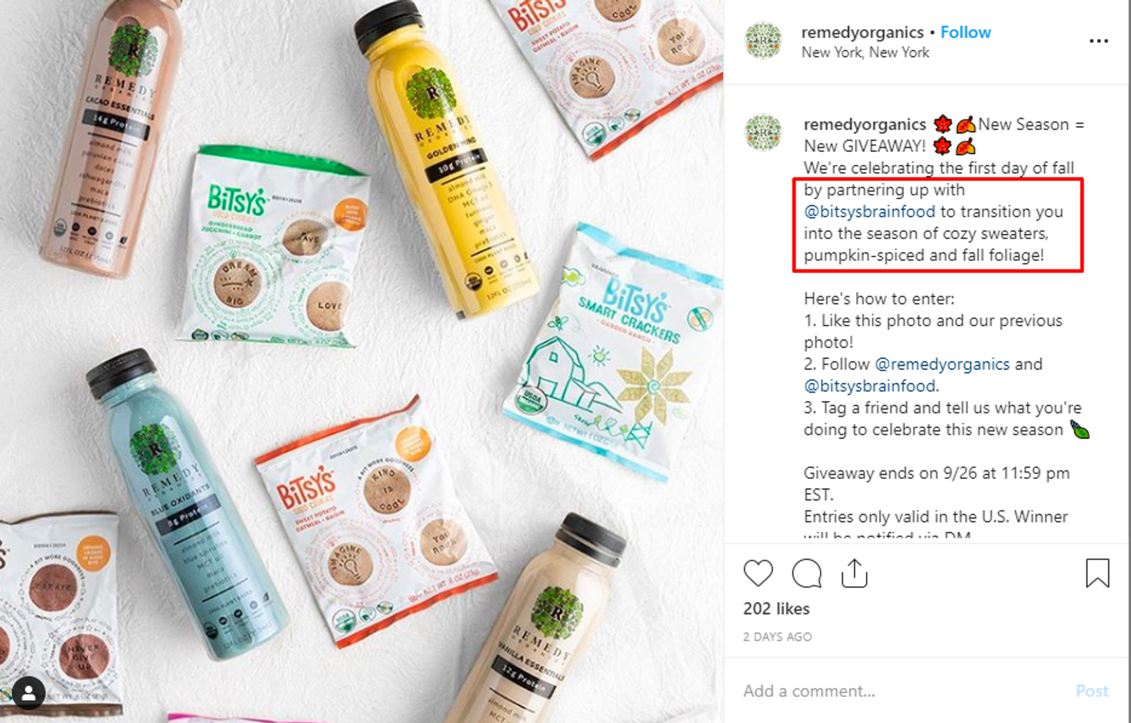 Publicacion de Instagram de remedyorganics con botellas de Remedy y snacks de Bitsy's para un sorteo