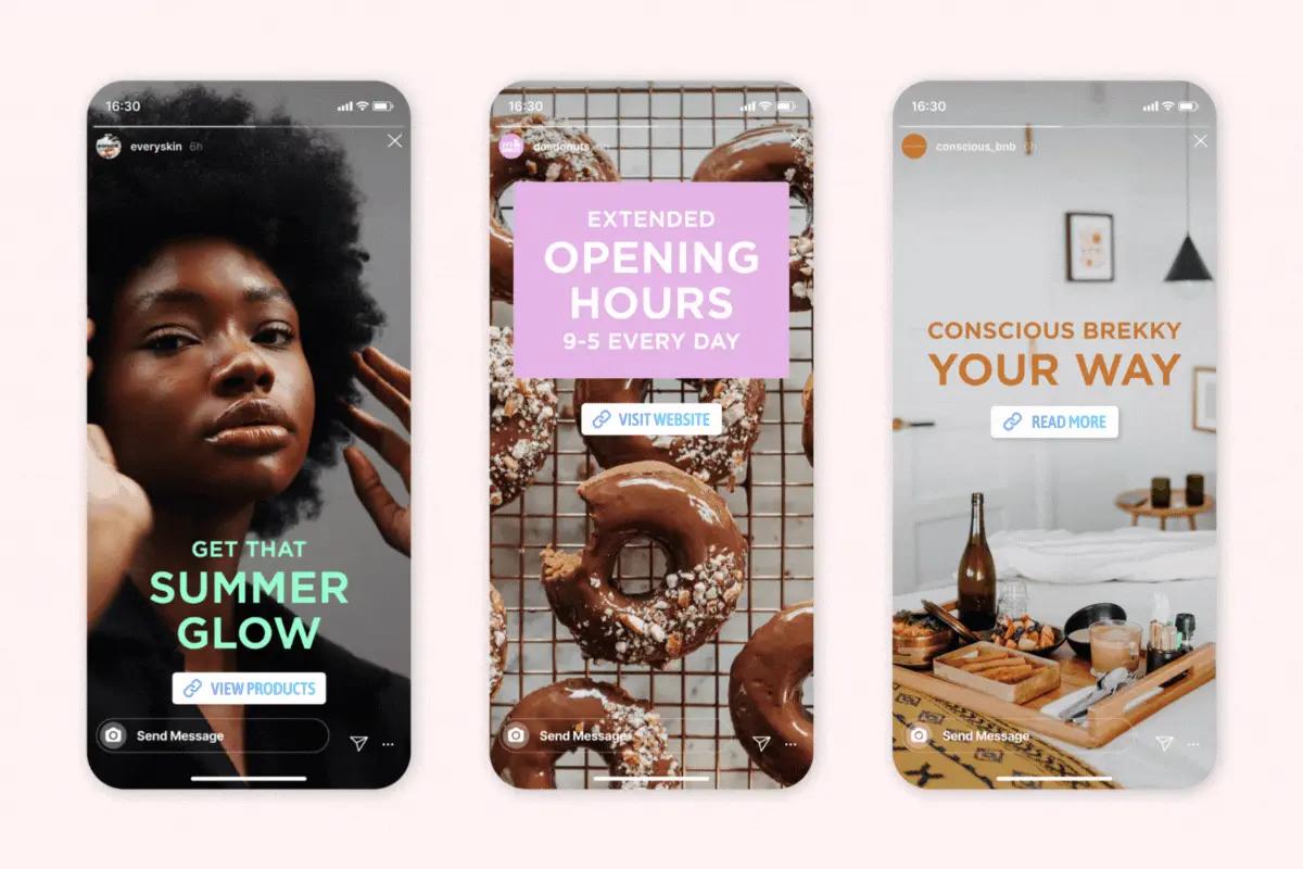 Three phone screens showing Instagram Stories with branded text overlays and colour-matched buttons