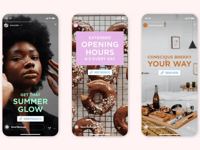 Three phone screens showing Instagram Stories with branded text overlays and colour-matched buttons