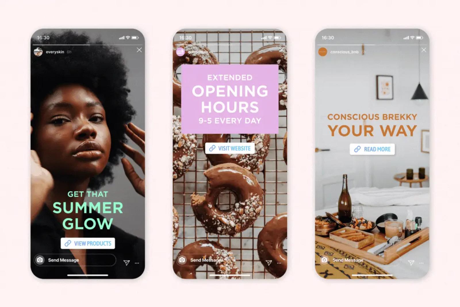 Tres pantallas de teléfono con historias de Instagram que muestran texto de marca y botones de colores a juego