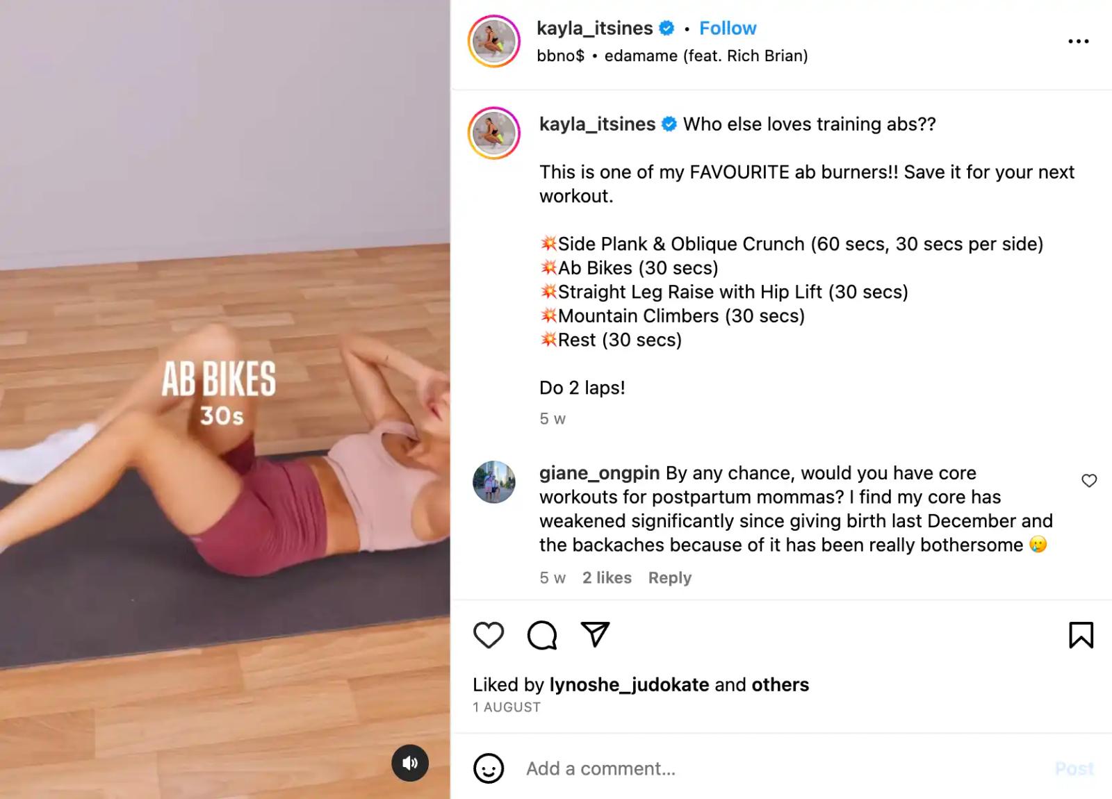 Instagram post from kayla_itsines showing an ab workout video with a caption listing exercises and reps.