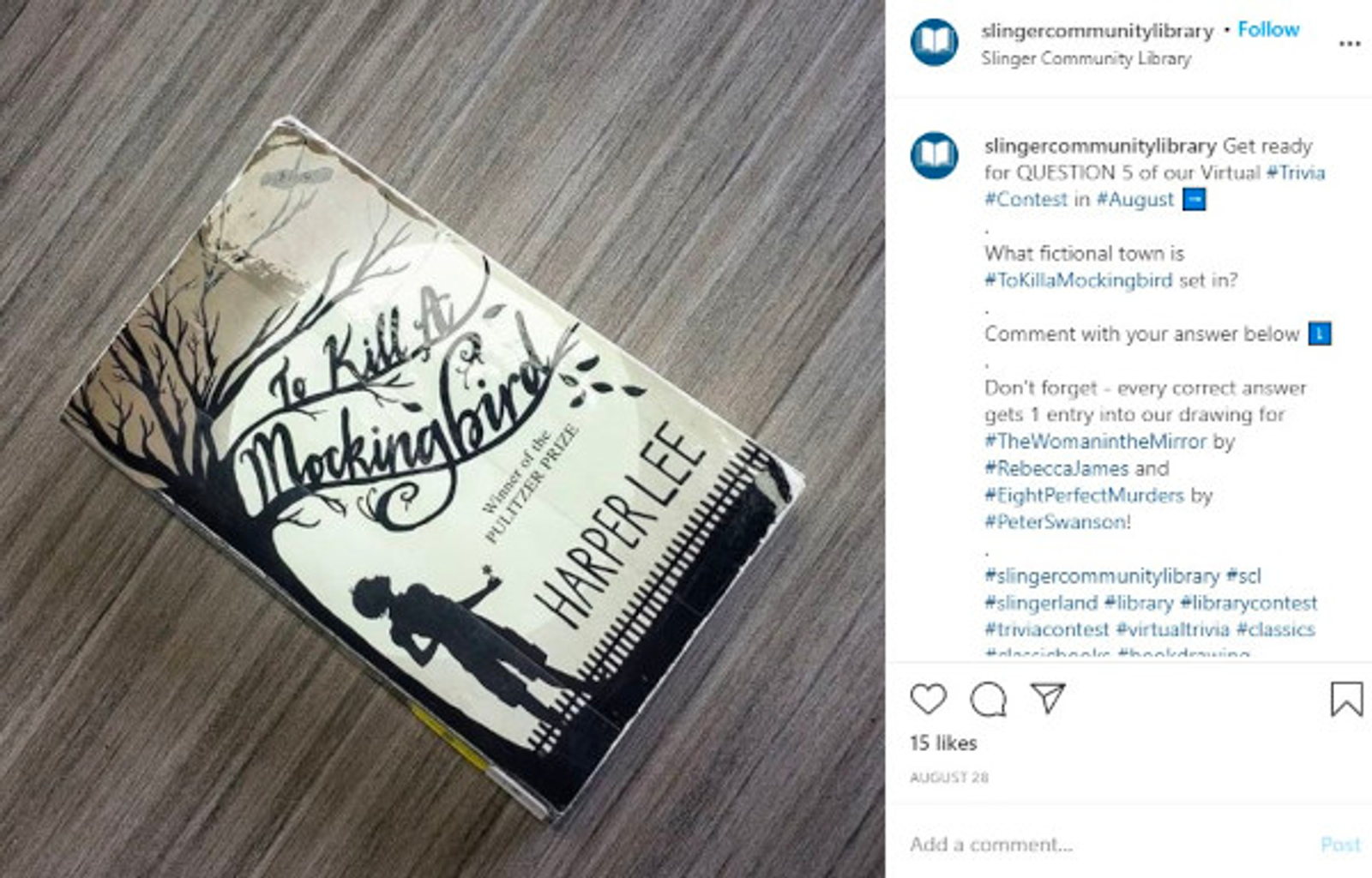 Publicacion de Instagram de Slinger Community Library con un ejemplar de To Kill a Mockingbird y un concurso de trivia.