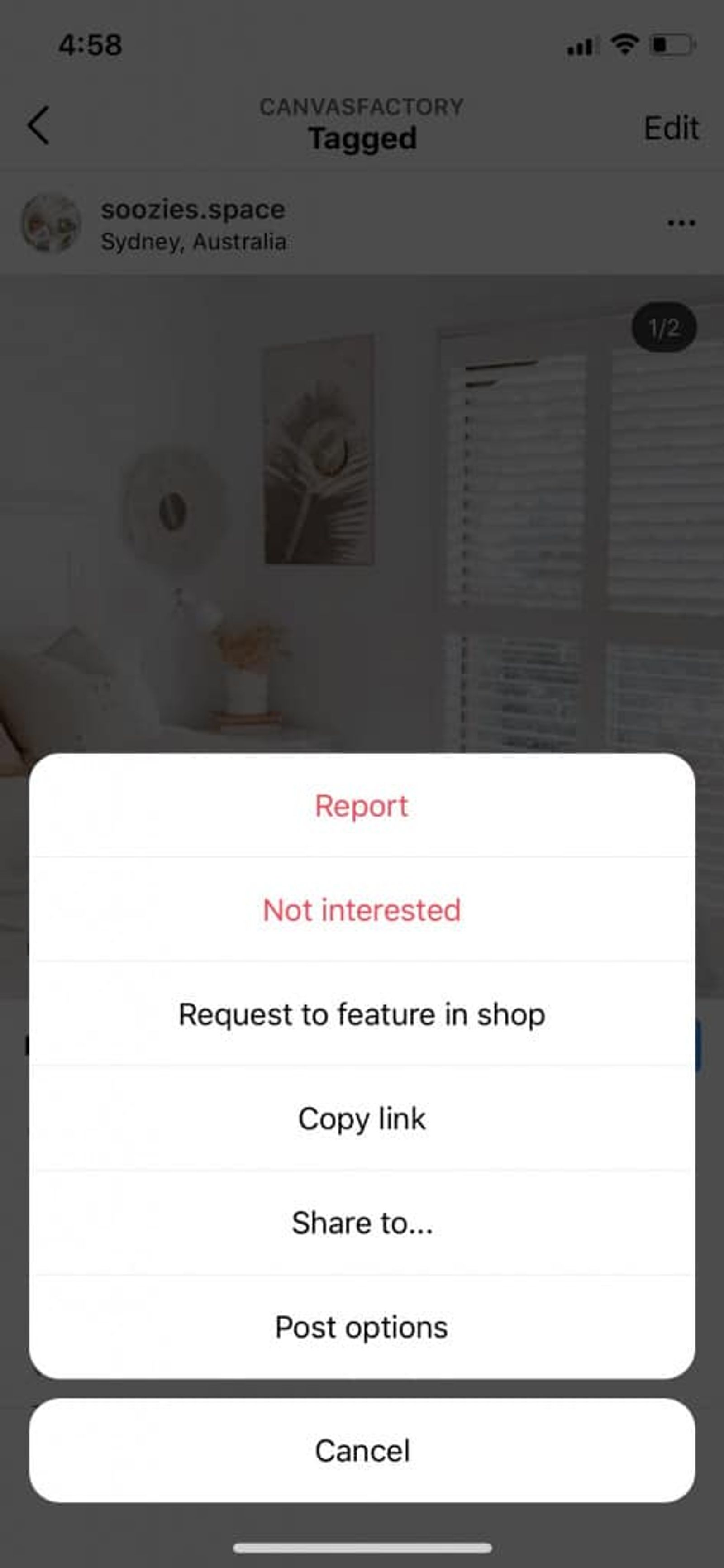 Menú de opciones de una publicación de Instagram con la opción 'Solicitar destacar en la tienda'.