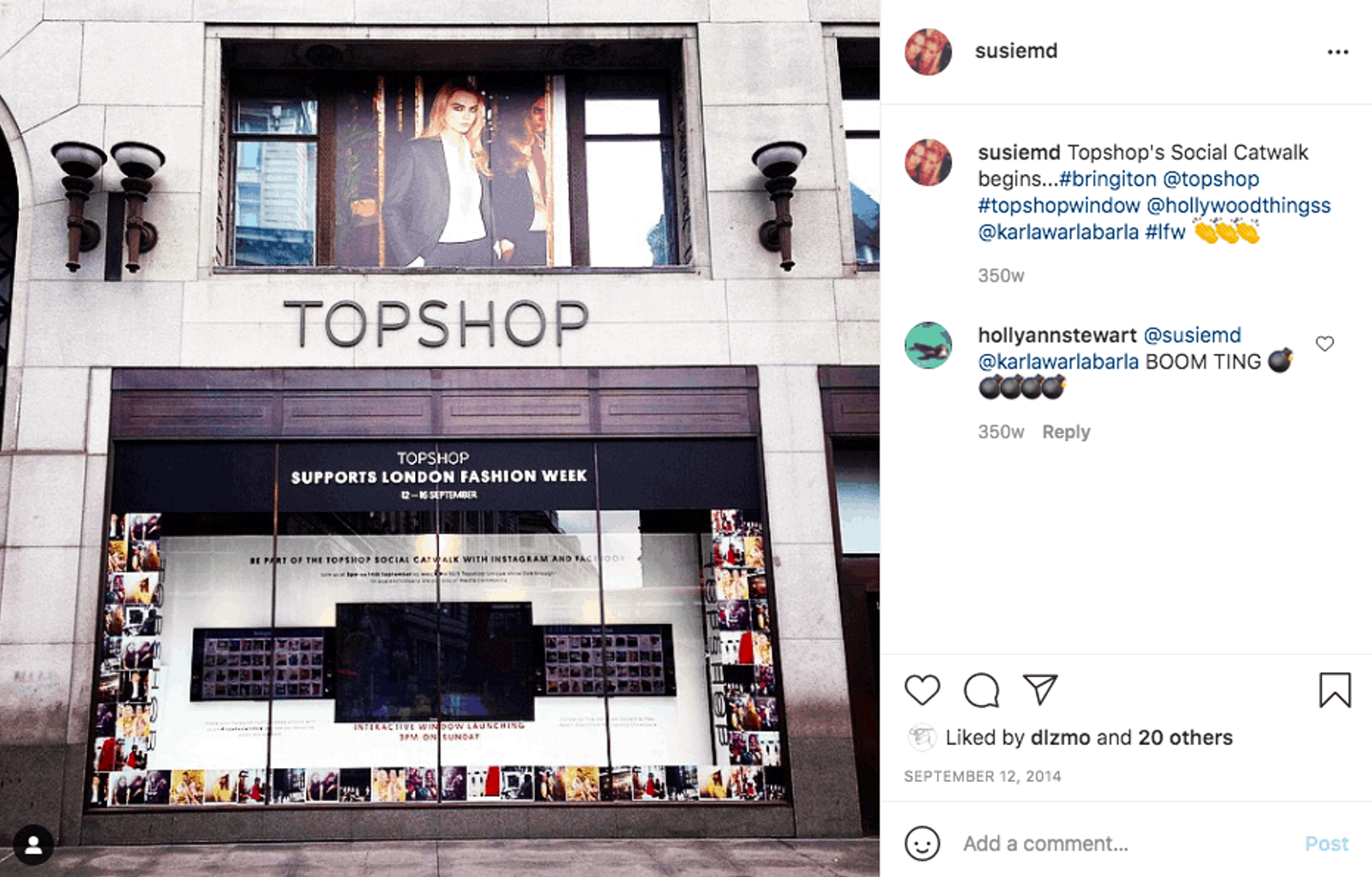 Publicación en Instagram de la tienda TopShop en la que se celebra un desfile virtual