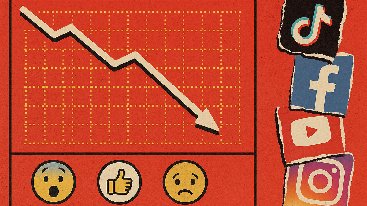 Red background with a downward trending graph, emojis, and torn paper social media logos for TikTok, Facebook, YouTube, Instagram.