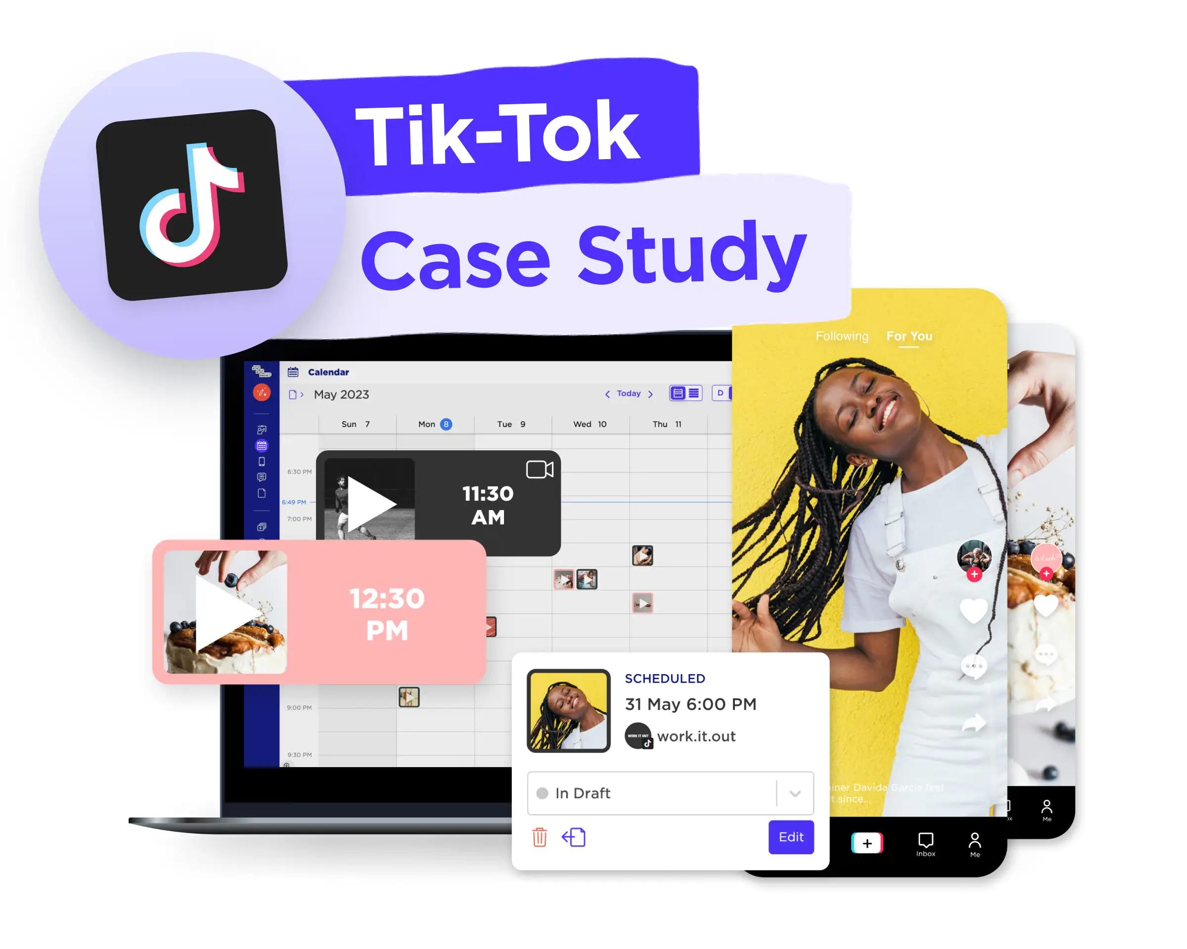 TikTok logo beside a calendar view and TikTok video previews of a woman dancing