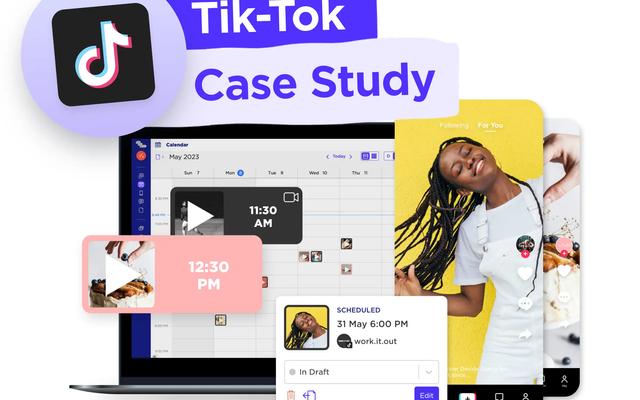 Logo de TikTok junto a un calendario y vistas previas de videos de TikTok con una mujer bailando
