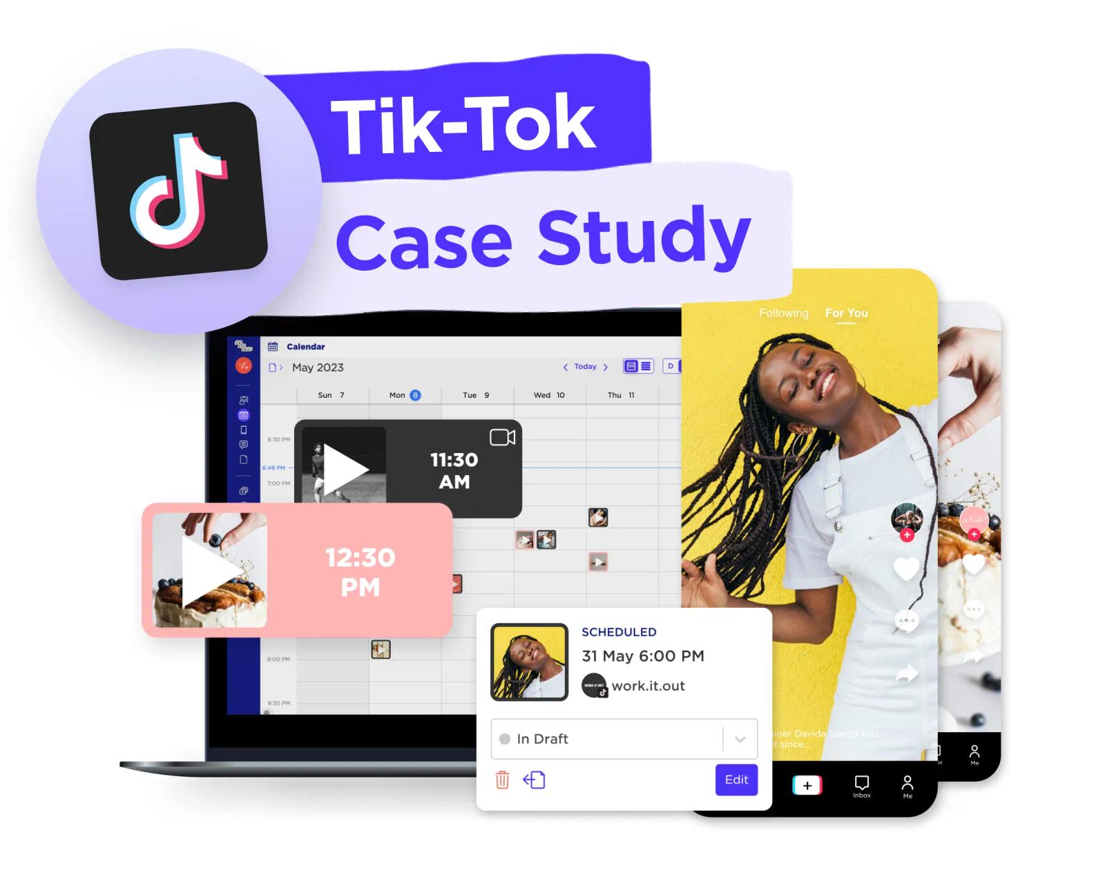 Logo de TikTok junto a un calendario y vistas previas de videos de TikTok con una mujer bailando