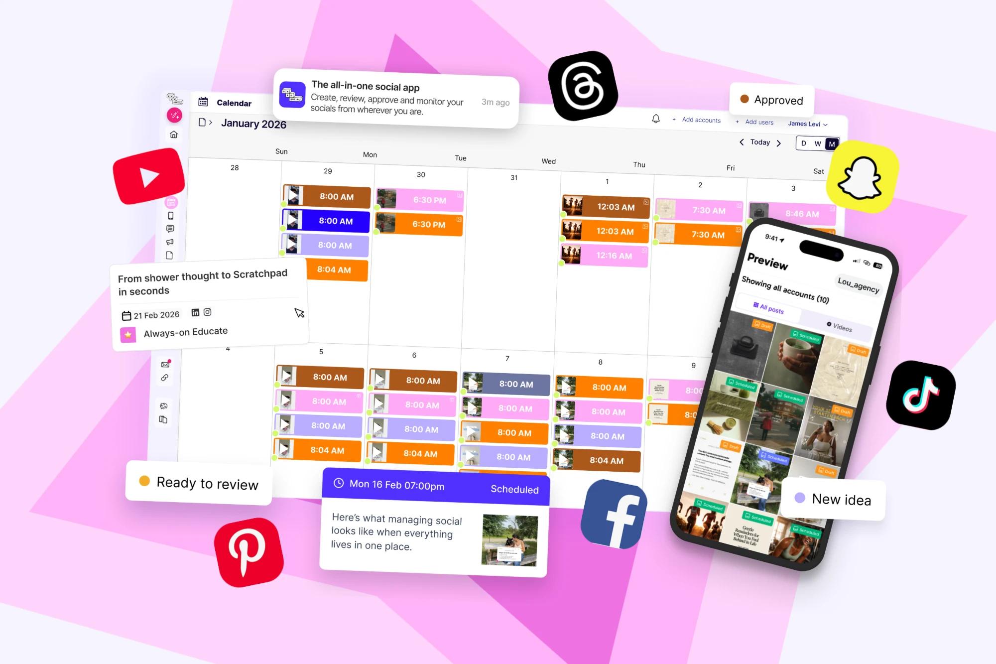 Sked content calendar showing a month of scheduled posts across several accounts, with approval statuses, a scheduled post card and a mobile preview of all accounts