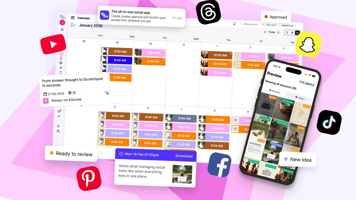 Calendario de contenido de Sked con un mes de publicaciones programadas en varias cuentas, estados de aprobación, una tarjeta de publicación programada y una vista previa móvil de todas las cuentas