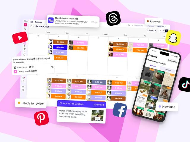 Sked content calendar showing a month of scheduled posts across several accounts, with approval statuses, a scheduled post card and a mobile preview of all accounts