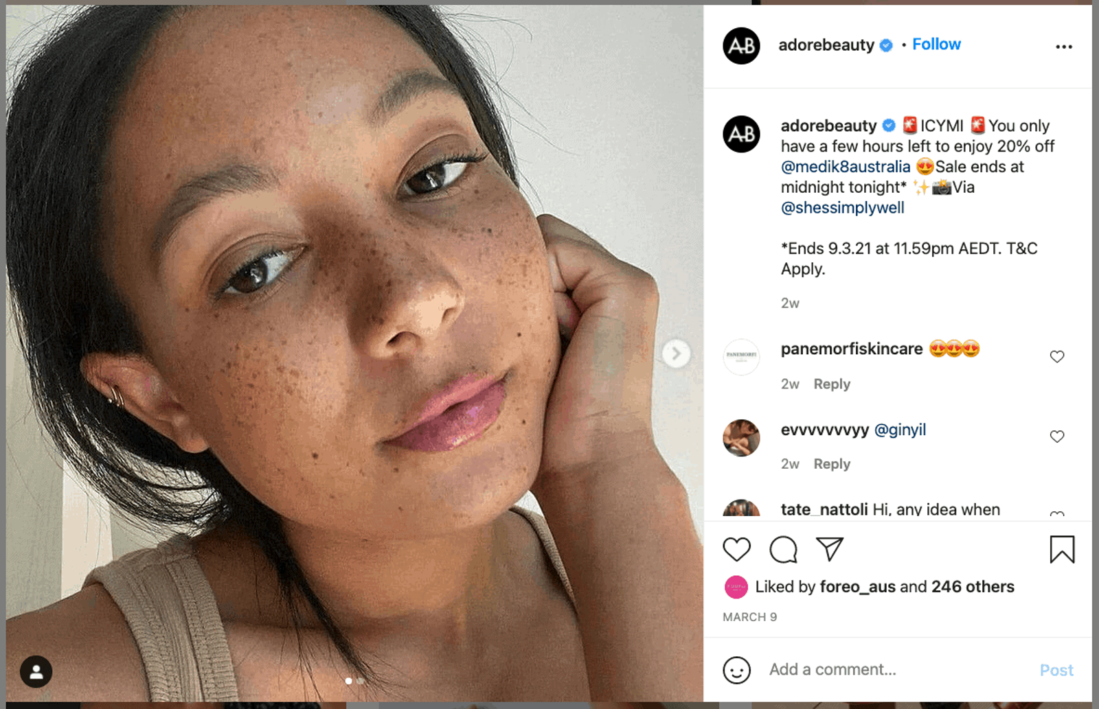Adore Beauty republicando la publicación de una chica con sus productos
