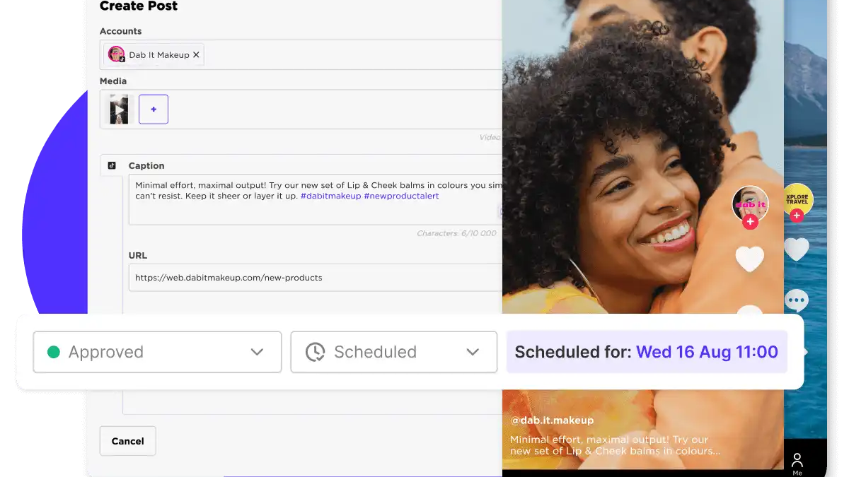 Sked Social post composer with caption and schedule details next to a preview of the TikTok feed