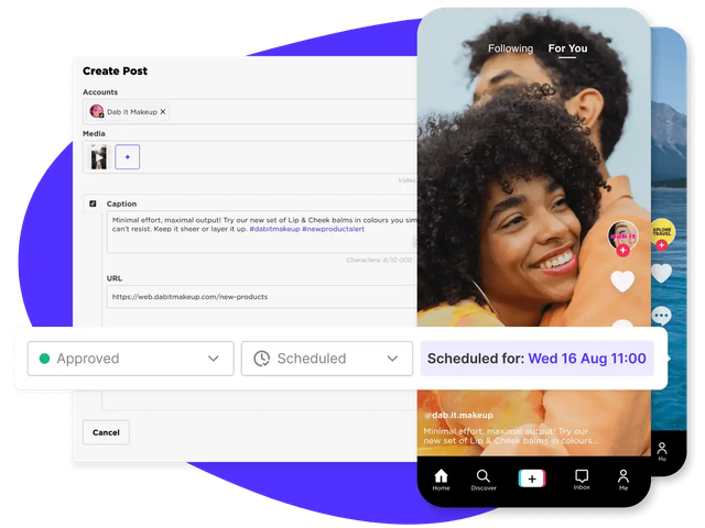 Sked Social post composer with caption and schedule details next to a preview of the TikTok feed