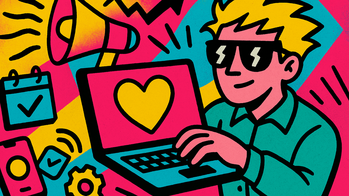 A man in sunglasses using a laptop with a heart on the screen, surrounded by marketing icons. Bright, energetic mood.