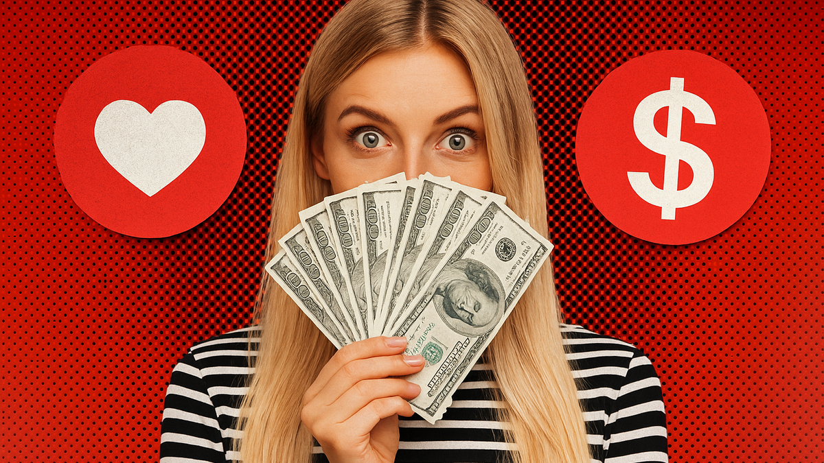 Blonde woman holding a fan of dollar bills over her mouth, with wide eyes, on a red background with a heart and a dollar sign.