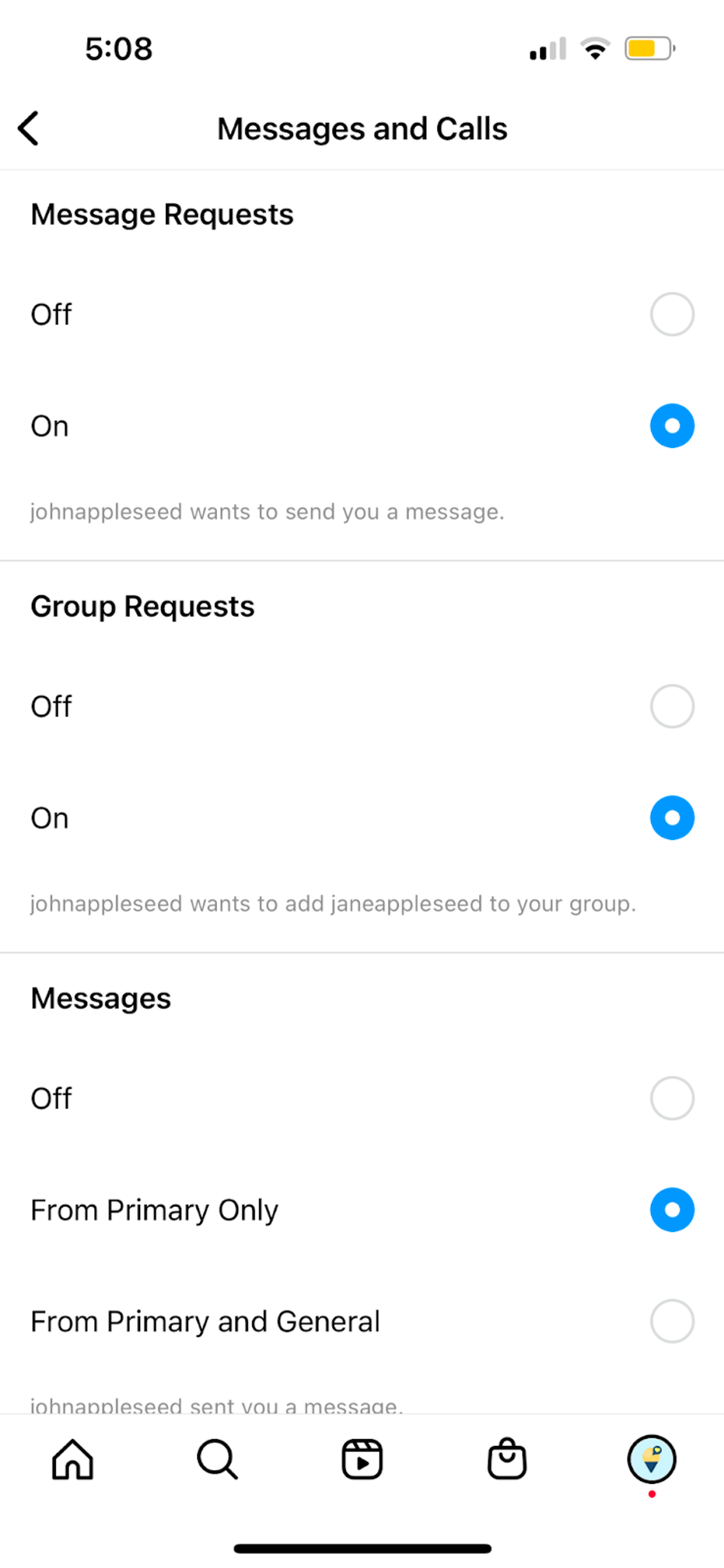 Instagram Messages and Calls settings screen with toggles for message requests, group requests and messages